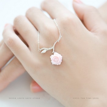 Sterling 925 Silver Original Design Shell Flower Necklaces Pendants Women Handmade Pink Rose Literature Fresh Clavicle Chain