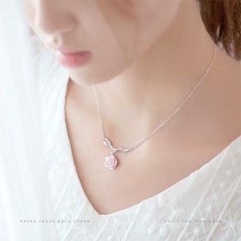 Sterling 925 Silver Original Design Shell Flower Necklaces Pendants Women Handmade Pink Rose Literature Fresh Clavicle Chain