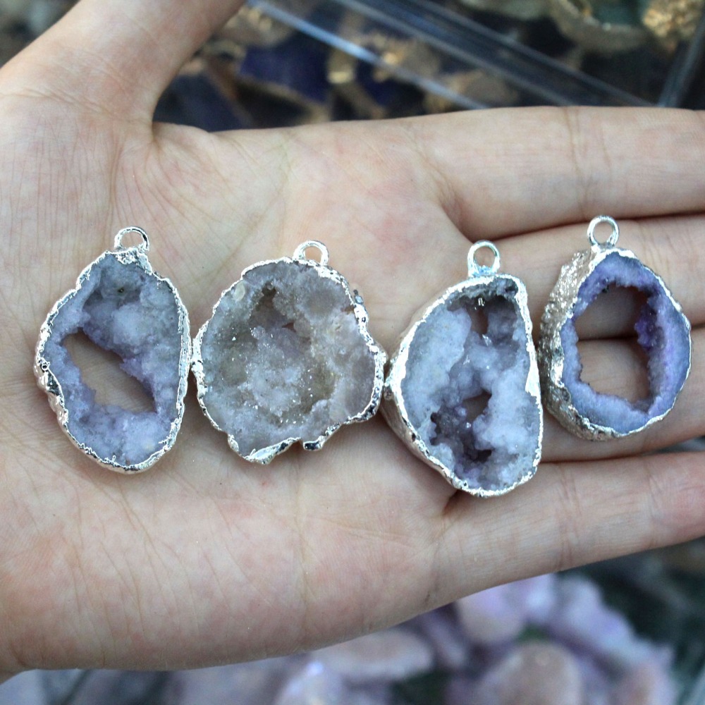 Wholesale Natural Small White Geode Pendant Unique Shape KC Golden silvery Plated Stone Pendant DIY Fit Necklaces Jewelry Making