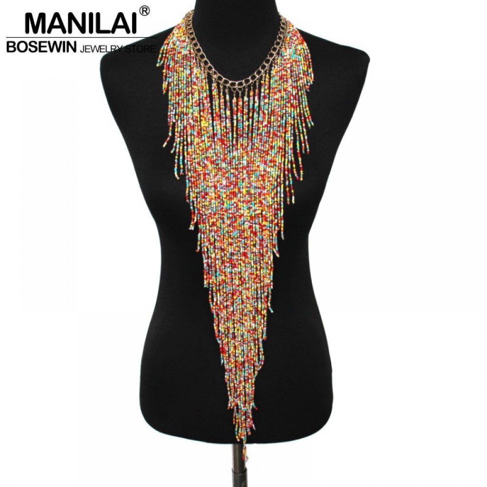 MANILAI Bohemian Style Design Women Fashion Charm Jewelry Resin Bead Handmade Long Tassel Statement Link Chain Choker Necklace