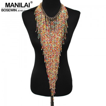 MANILAI Bohemian Style Design Women Fashion Charm Jewelry Resin Bead Handmade Long Tassel Statement Link Chain Choker Necklace