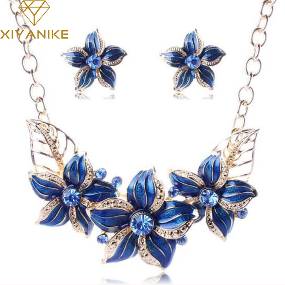 Austrian Crystal Enamel Flower Jewelry Sets Women African Costume Jewelry Maxi Necklace Earring Set XY-N404