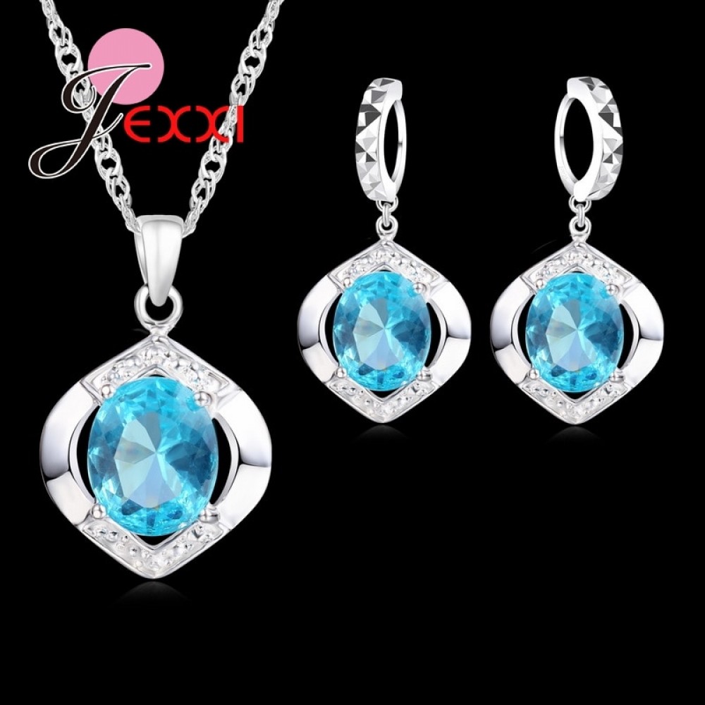 JEXXI Classic 100% 925 Sterling Silver Top Grade AAA++ CZ Zircon Wedding Engagment Necklace+Hoop Earring Blue Jewelry Sets Gifts