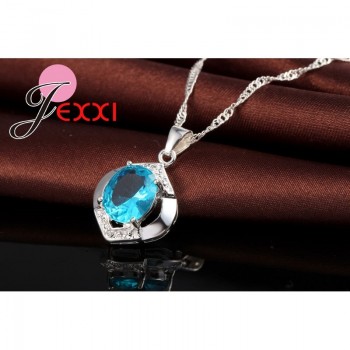 JEXXI Classic 100% 925 Sterling Silver Top Grade AAA++ CZ Zircon Wedding Engagment Necklace+Hoop Earring Blue Jewelry Sets Gifts