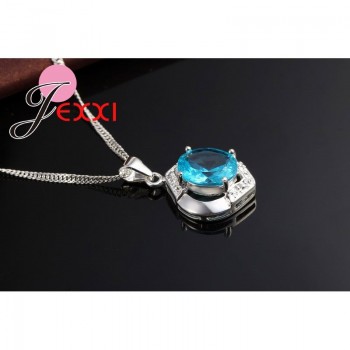 JEXXI Classic 100% 925 Sterling Silver Top Grade AAA++ CZ Zircon Wedding Engagment Necklace+Hoop Earring Blue Jewelry Sets Gifts