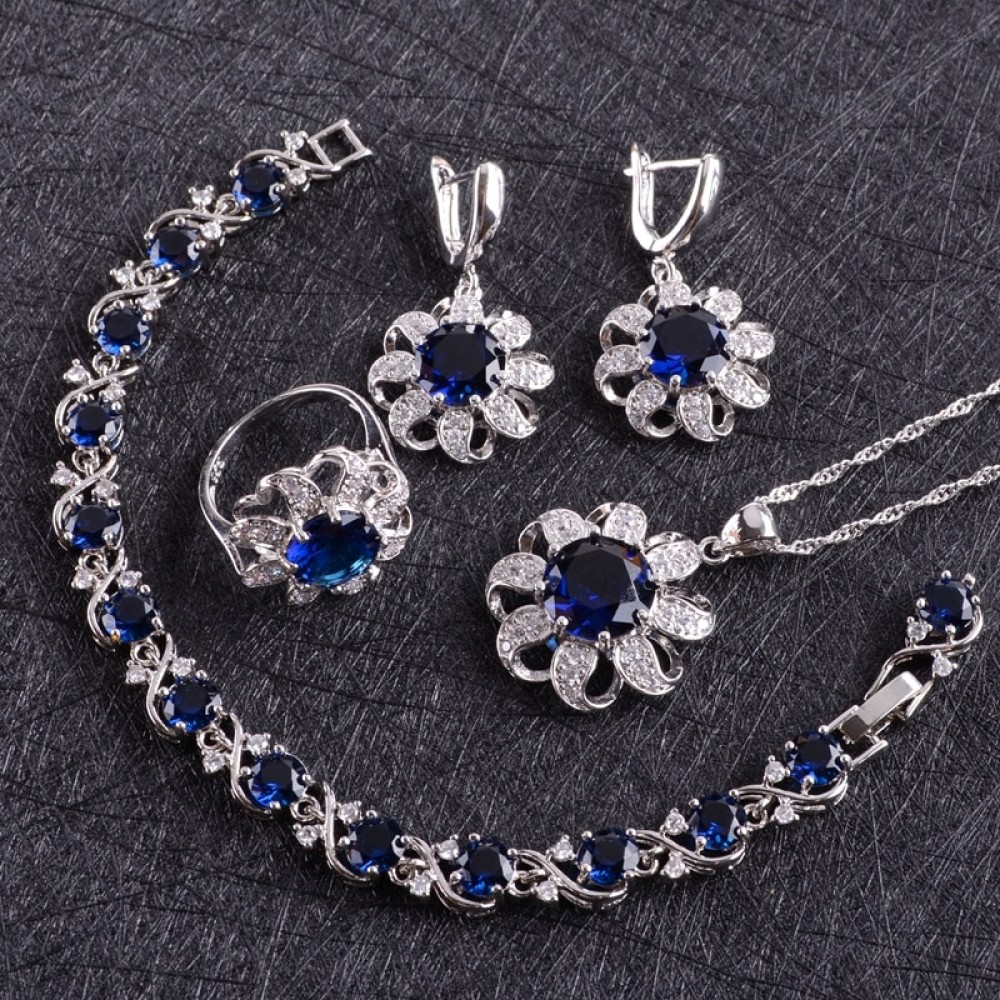 Blue Zircon Costume Silver 925 Jewelry Sets Women Earrings With Stones Bracelets Necklaceamp;Pendant Rings Set Jewelery Gift Box