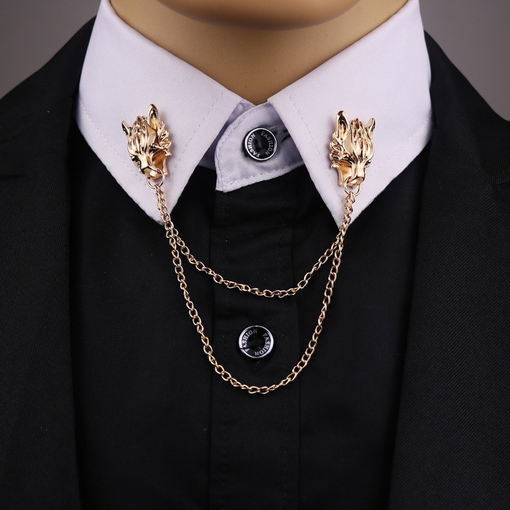 i-Remiel Metal Dragon Animal Pins and Brooches Dragons Head Brooch Shirt Collar Chip Tassel Chain Flower Suit Lapel Accessories