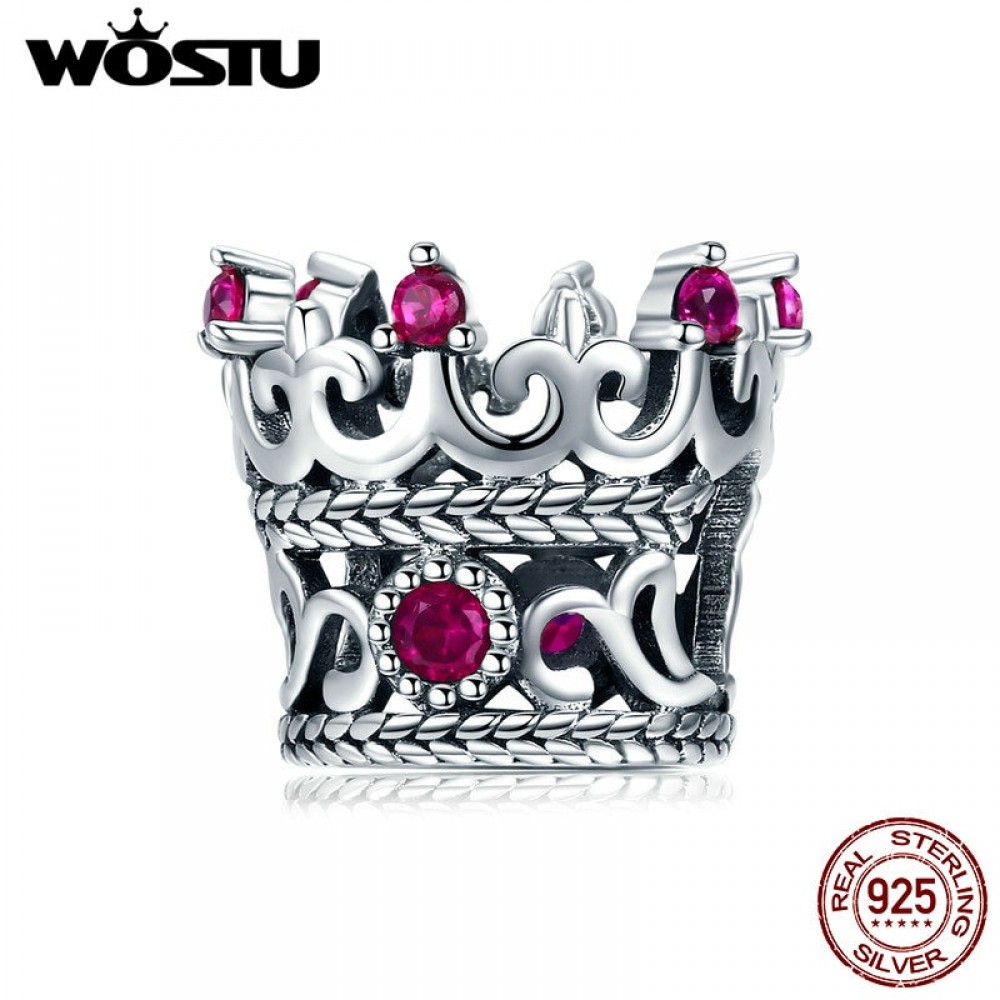 WOSTU 100% 925 Sterling Silver Queens Crown Pink CZ Beads Charms fit Original Bracelet amp; Necklace Women Fashion Jewelry CQC776