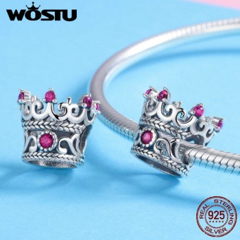 WOSTU 100% 925 Sterling Silver Queens Crown Pink CZ Beads Charms fit Original Bracelet amp; Necklace Women Fashion Jewelry CQC776