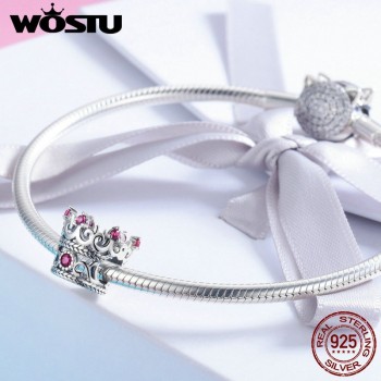 WOSTU 100% 925 Sterling Silver Queens Crown Pink CZ Beads Charms fit Original Bracelet amp; Necklace Women Fashion Jewelry CQC776