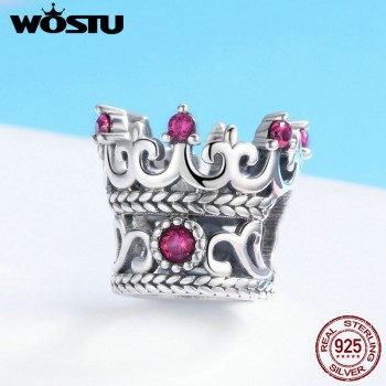 WOSTU 100% 925 Sterling Silver Queens Crown Pink CZ Beads Charms fit Original Bracelet amp; Necklace Women Fashion Jewelry CQC776