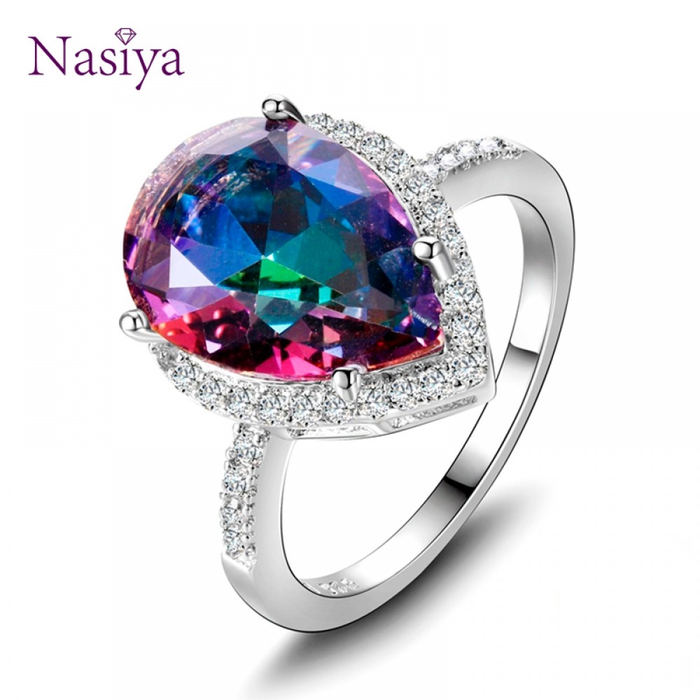 Ladies Jewelry S925 Silver Ring Mystical Rainbow Topaz Dripping Ring Wedding Jewelry Party Valentines Day Gift