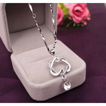 Women Elegant Necklace Gold Silver Chain Crystal Rhinestone Double Heart Pendant Necklaces Ladies Fashion Jewelry Gift Drop Ship