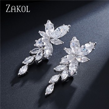 ZAKOL Marquise Cut Cluster Flower Zirconia Crystal Long Dangle Drop Earrings Shiny Leaf Bridal Wedding Jewelry for Women FSEP167