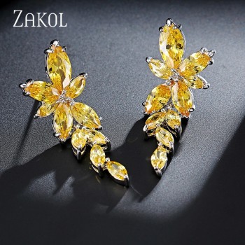 ZAKOL Marquise Cut Cluster Flower Zirconia Crystal Long Dangle Drop Earrings Shiny Leaf Bridal Wedding Jewelry for Women FSEP167