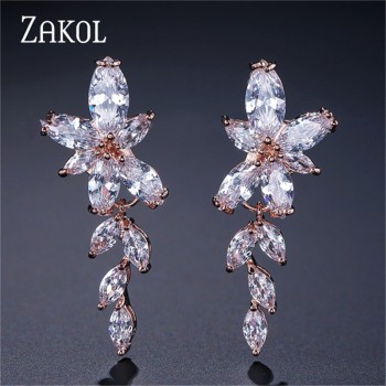 ZAKOL Marquise Cut Cluster Flower Zirconia Crystal Long Dangle Drop Earrings Shiny Leaf Bridal Wedding Jewelry for Women FSEP167