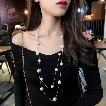 The Latest Jewelry Lovely Long Double-deck Imitation Pearls Female Charm Pendant Sweater chain Women Jewelry Gifts New Arrive