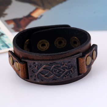 Male Cow Leather Bracelets Biker Jewelry Mens Bracelet Retro Brown Wristband Bangles Man Jewelry Alloy Buckle 22cm Adjustable