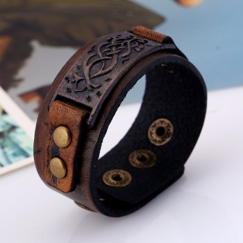 Male Cow Leather Bracelets Biker Jewelry Mens Bracelet Retro Brown Wristband Bangles Man Jewelry Alloy Buckle 22cm Adjustable