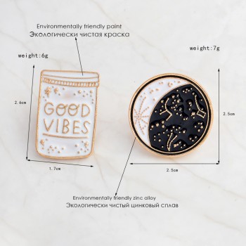 Cartoon Constellation Moon GOOD VIBES Bottle Brooch White Black Enamel Pins Button Coat Jacket Collar Pin Badge Jewelry Gift