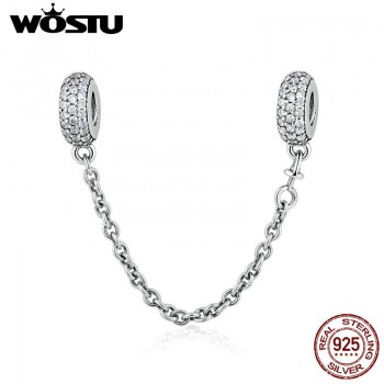 Real 925 Sterling Silver Pave Inspiration Safety Chain Charm With Clear CZ Fit Original Bracelet Authentic Jewelry Gift