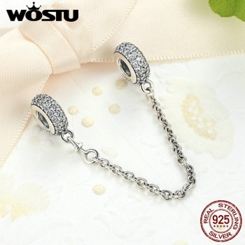 Real 925 Sterling Silver Pave Inspiration Safety Chain Charm With Clear CZ Fit Original Bracelet Authentic Jewelry Gift