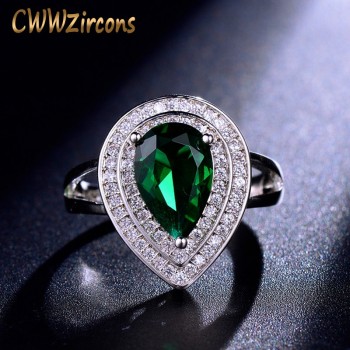 CWWZircons Classic Women Engagement Party Jewelry High Quality Big Tear Drop Green Crystal Rings with Zirconia Stones R026