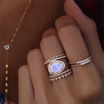 1 Pc Women Fashion Delicate Crystal Water Drops Opal Rose Gold Ring Bohemian Retro Party Wedding Jewelry Accessories