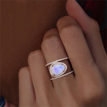 1 Pc Women Fashion Delicate Crystal Water Drops Opal Rose Gold Ring Bohemian Retro Party Wedding Jewelry Accessories