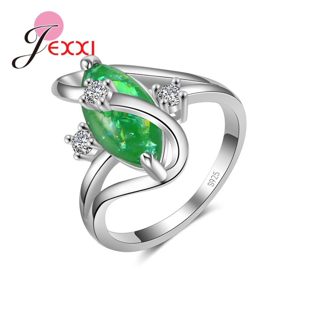 Jemmin Fashion 925 Sterling Silver Ring  Wavy Green Crystal Zircon Jewelry Pliers Small Crystal Christmas Holiday Party