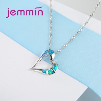 Jemmin New Fashion Women Blue Fire Opal Necklace Romantic Lovers Heart Pendants 925 Sterling Silver Fine Jewelry