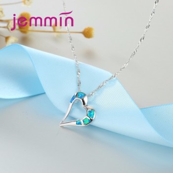 Jemmin New Fashion Women Blue Fire Opal Necklace Romantic Lovers Heart Pendants 925 Sterling Silver Fine Jewelry