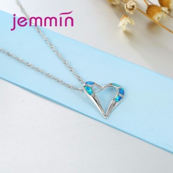 Jemmin New Fashion Women Blue Fire Opal Necklace Romantic Lovers Heart Pendants 925 Sterling Silver Fine Jewelry