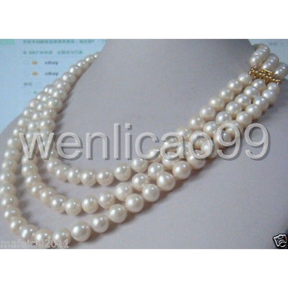 Charming 3 Row Natural 8-9mm AA++ White South Sea Pearl Necklace 17-19