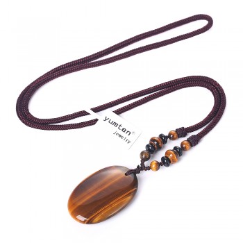 65cm Natural Stone Black Obsidian Tiger Eye Stone Pendant Necklace Render Lucky Amulet Crystal Agate Healing Crystal Amber Yoga