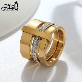 Effie Queen 15mm Big 3 Layers Rings 316L Stainless Steel Zircon Female Ring Wedding Engagement Women Jewelry Fashion Gift IR86