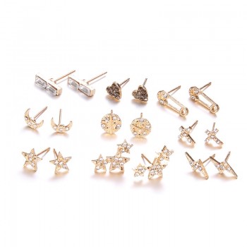 9 Pairs / Set Personality Women Lightning Cross Heart Love Moon Stars Gem Crystal Gold Party Earrings Set Combination