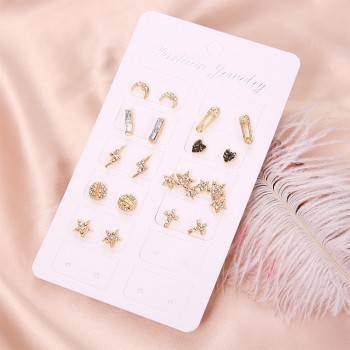 9 Pairs / Set Personality Women Lightning Cross Heart Love Moon Stars Gem Crystal Gold Party Earrings Set Combination