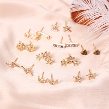 9 Pairs / Set Personality Women Lightning Cross Heart Love Moon Stars Gem Crystal Gold Party Earrings Set Combination