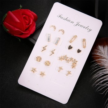 9 Pairs / Set Personality Women Lightning Cross Heart Love Moon Stars Gem Crystal Gold Party Earrings Set Combination