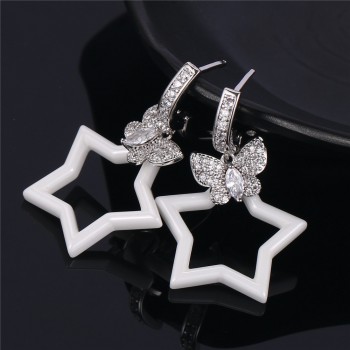 Cute Ceramic Star Clip Earrings White Ceramic Hollow Star Large Zircon Butterfly Cuff Earrings Luxury Ceramic Earrings For Women