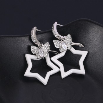 Cute Ceramic Star Clip Earrings White Ceramic Hollow Star Large Zircon Butterfly Cuff Earrings Luxury Ceramic Earrings For Women