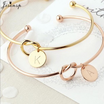 Jisensp Trendy Tie Knotted Open Cuff Bangle Rose Gold Sliver Coin 26 Letters Initial Charm Bracelets Wire Love Bangles for Women