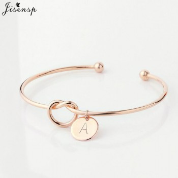 Jisensp Trendy Tie Knotted Open Cuff Bangle Rose Gold Sliver Coin 26 Letters Initial Charm Bracelets Wire Love Bangles for Women