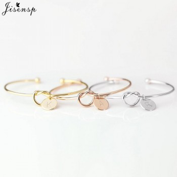 Jisensp Trendy Tie Knotted Open Cuff Bangle Rose Gold Sliver Coin 26 Letters Initial Charm Bracelets Wire Love Bangles for Women