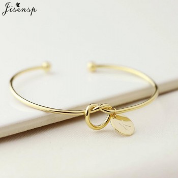 Jisensp Trendy Tie Knotted Open Cuff Bangle Rose Gold Sliver Coin 26 Letters Initial Charm Bracelets Wire Love Bangles for Women