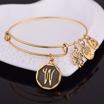 NEW STYLE  American Expandable Bracelet Diameter Metallic Ancient Gold A-Z Initial Letter Charm Bracelet Adjustable Wire Bangle