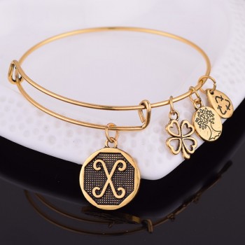 NEW STYLE  American Expandable Bracelet Diameter Metallic Ancient Gold A-Z Initial Letter Charm Bracelet Adjustable Wire Bangle