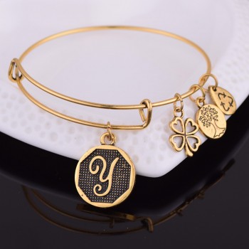 NEW STYLE  American Expandable Bracelet Diameter Metallic Ancient Gold A-Z Initial Letter Charm Bracelet Adjustable Wire Bangle