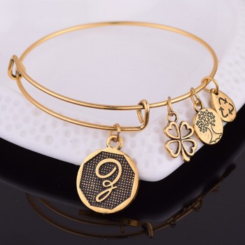 NEW STYLE  American Expandable Bracelet Diameter Metallic Ancient Gold A-Z Initial Letter Charm Bracelet Adjustable Wire Bangle